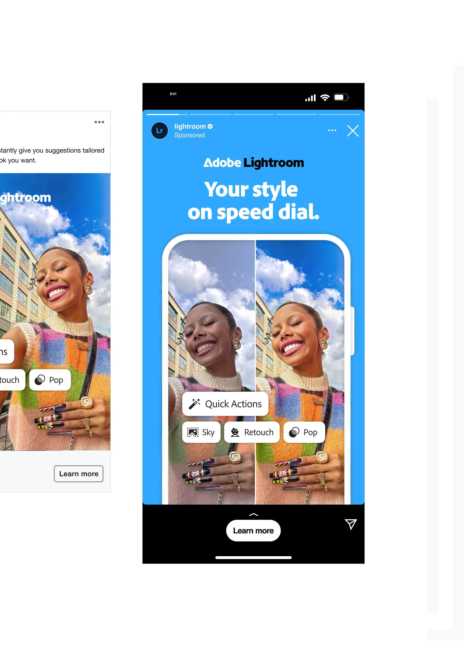 An advertisement for Lightroom showing a side-by-side comparison of a photo with editing options. The text reads: "Adobe Lightroom. Your style on speed dial." Various editing features such as "Quick Actions," "Sky," "Retouch," and "Pop" are displayed on the image.