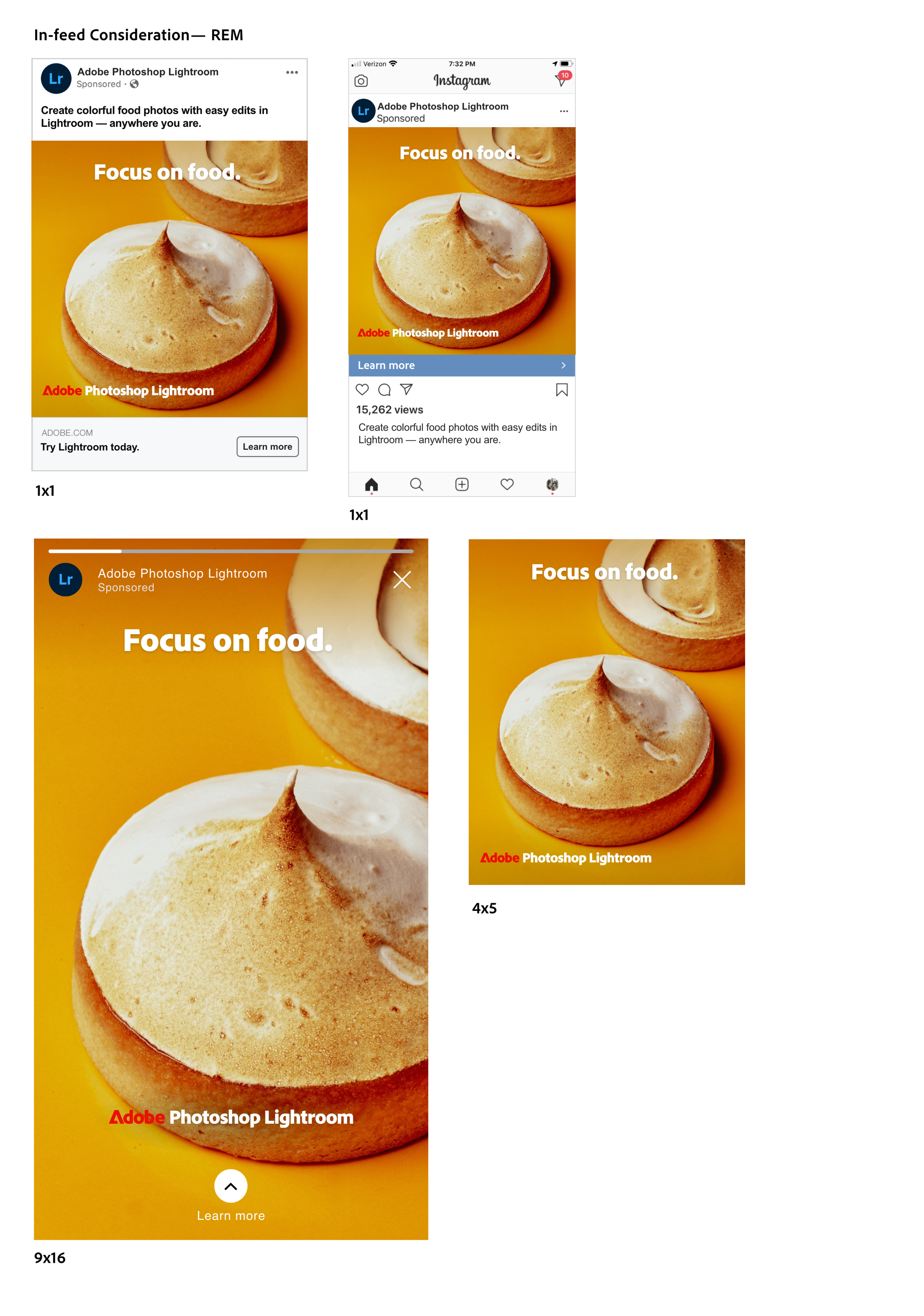 Series of digital advertisements featuring a close-up image of a single round lemon cookie topped with white icing, against a yellow background. The ads include text overlay that reads 'Focus on food.' and promote Adobe Photoshop Lightroom for creating colorful food photos with easy edits, with buttons or branding for learning more or trying the software.