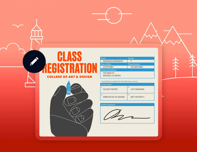 Class registration form for College of Art & Design, registered to Mariana Anderson, with personal info, course list, and signature, against a red geometric background with mountains, sun, and clouds.