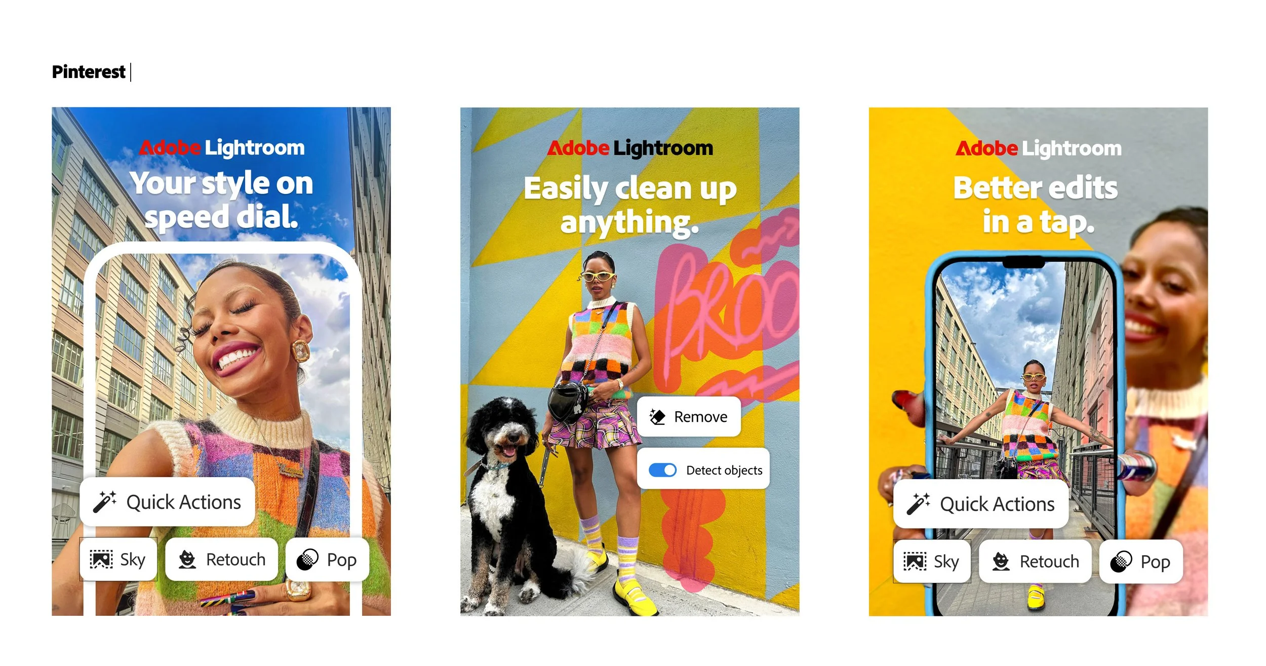 Three promotional images for Adobe Lightroom showing features like quick actions, object removal, sky replacement, retouching, and photo pop. The images feature a woman in colorful clothing, a woman with a dog, and a woman taking a selfie with a city
