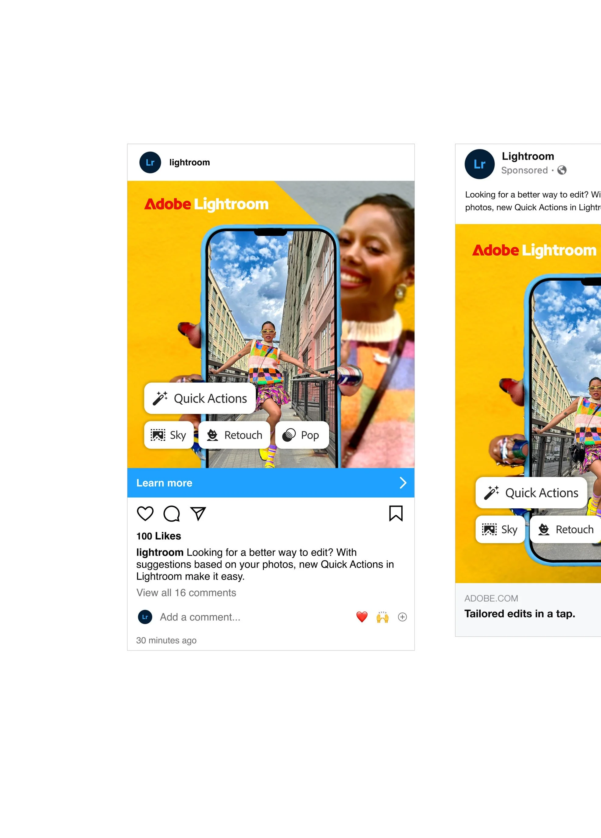 An advertisement for Adobe Lightroom features a woman in colorful clothes posing outdoors, with a smartphone screen displaying her image. The background includes bright yellow and gray color blocks, with text highlighting quick editing actions like 'Sky,' 'Retouch,' and 'Pop.' The ad emphasizes easy photo editing with new Lightroom Quick Actions.