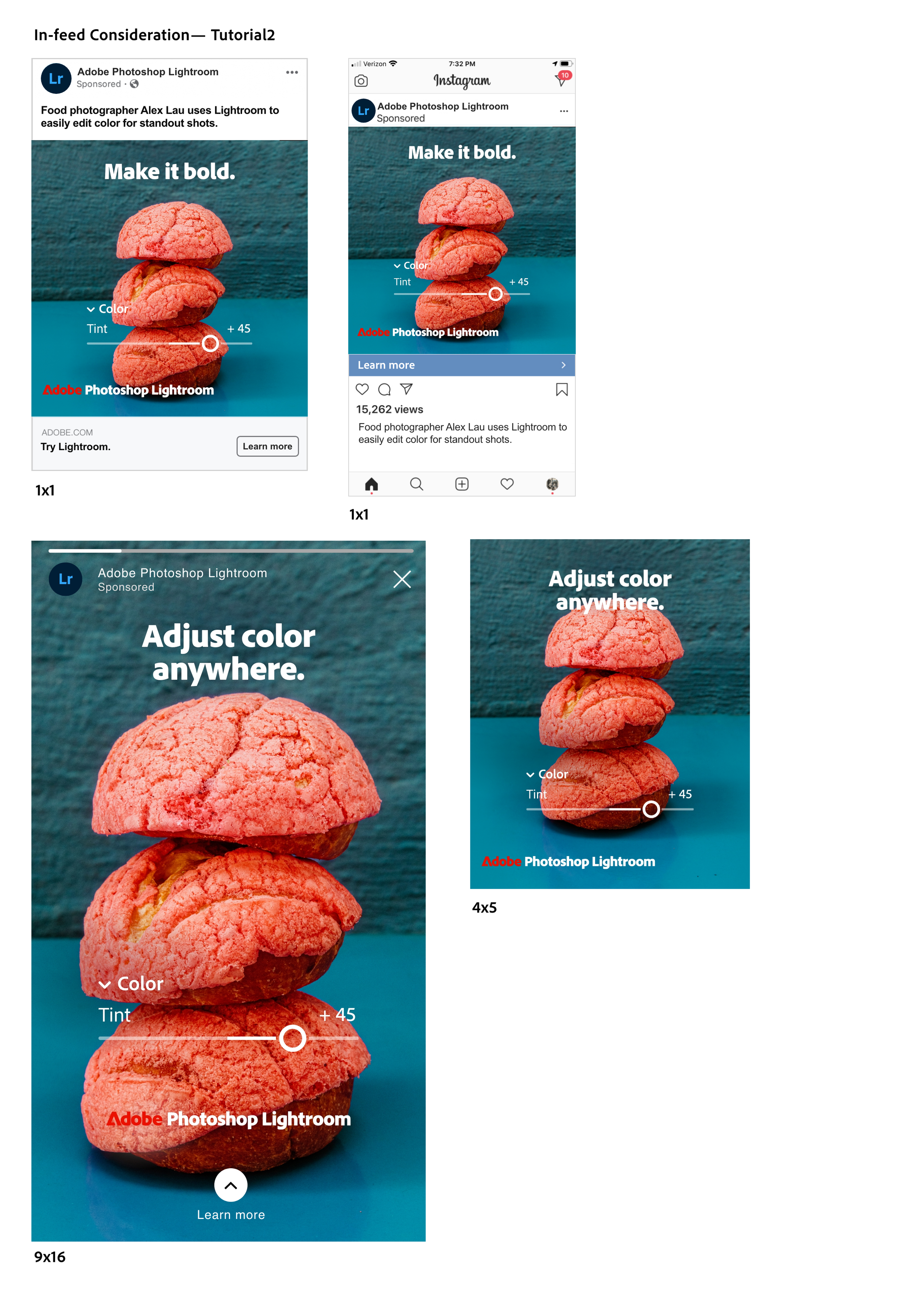 A series of digital advertisement images showcasing a stack of pink cookies with an overlay of text that says "Make it bold" and "Adjust color anywhere" for Adobe Photoshop Lightroom. The images display mobile and desktop views with editing sliders for color tint adjustments.
