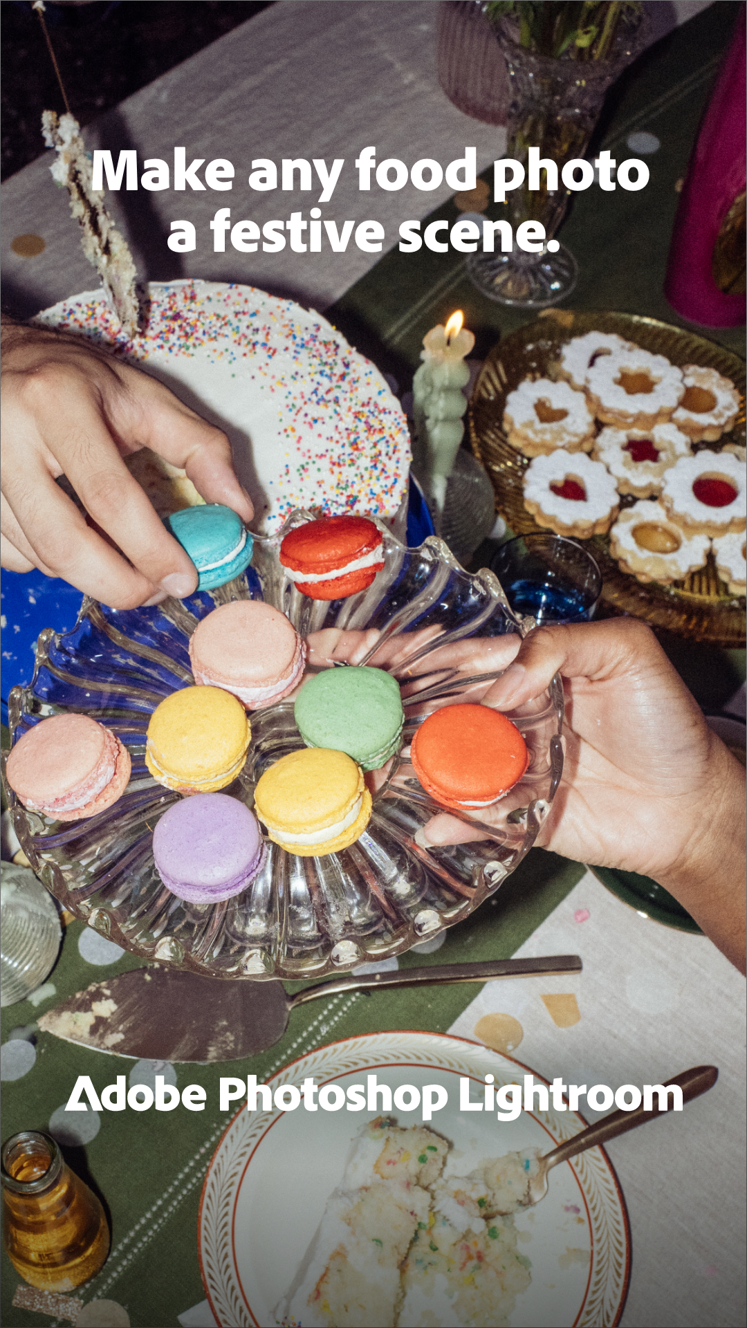 Colorful macarons on a glass plate, decorated cookies on a gold tray, cake with white frosting and rainbow sprinkles, and a partially eaten cake on a plate.