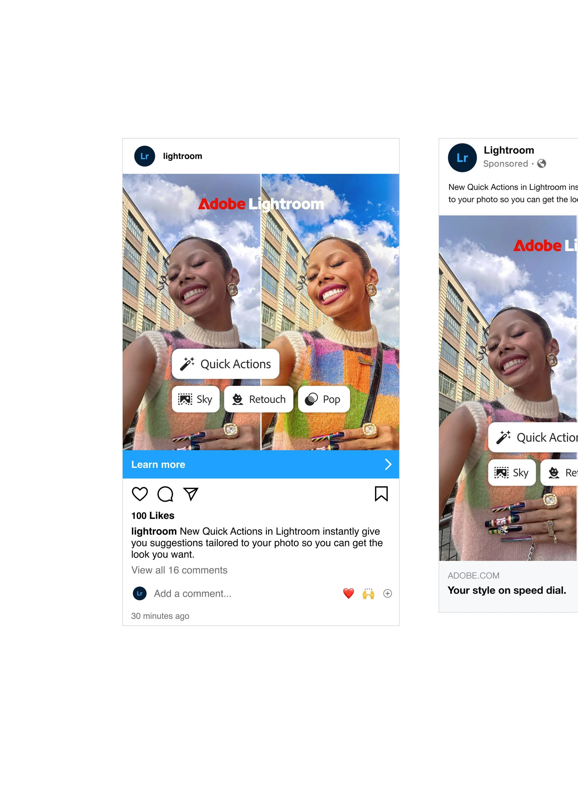 Instagram post showing a woman taking a selfie outdoors with a building and sky in the background. The post features Adobe Lightroom's Quick Actions for Sky, Retouch, and Pop, and includes a caption about new quick actions in Lightroom.